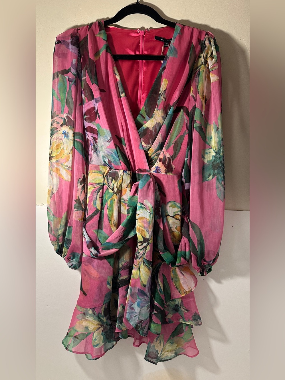 Alex Marie Fuchsia Floral Wrap Maxi Dress with Green and Yellow Accents
